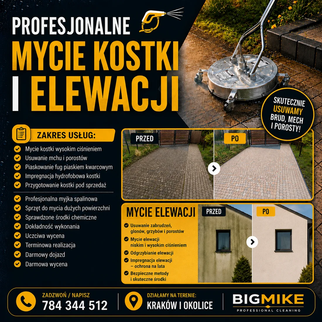 Baner usług BIGMIKE — profesjonalne mycie kostki i elewacji