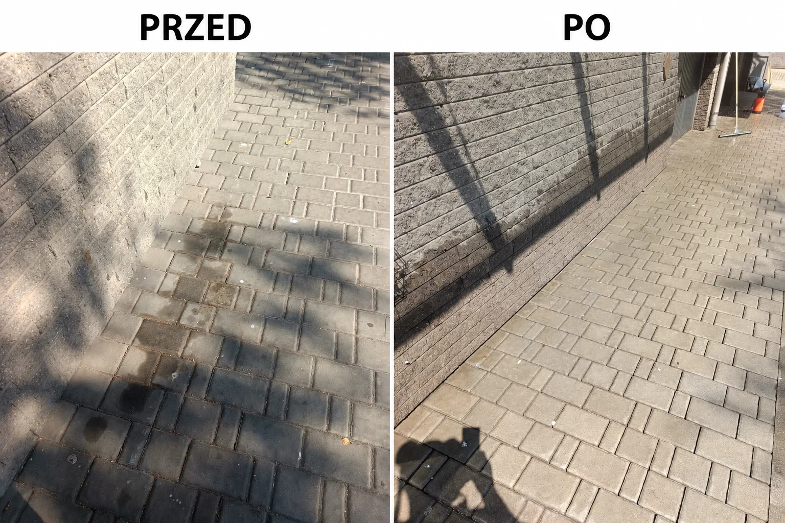 Realizacja BIGMIKE — nawierzchnia przy budynku przed i po myciu