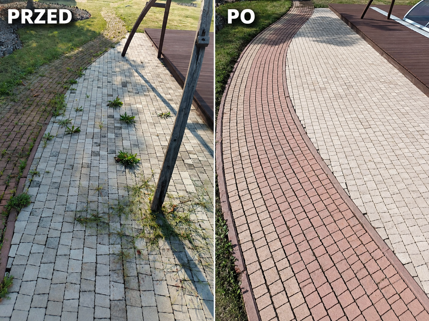 Realizacja BIGMIKE — nawierzchnia przy tarasie przed i po czyszczeniu